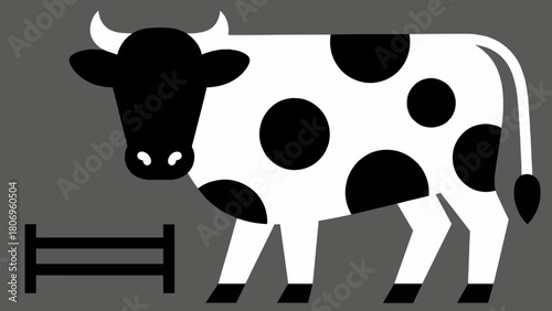 Simple black and white spotted cow illustration with fence