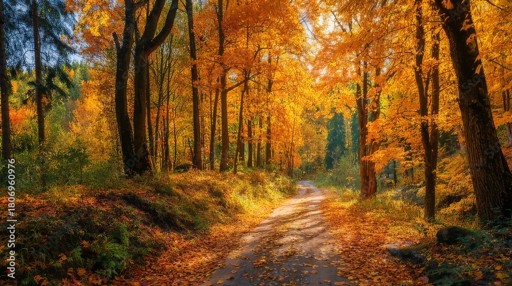 Obraz premium Autumn forest landscape with sunlit road covered in golden leaves, warm light illuminating vivid fall foliage along scenic footpath on a crisp october day