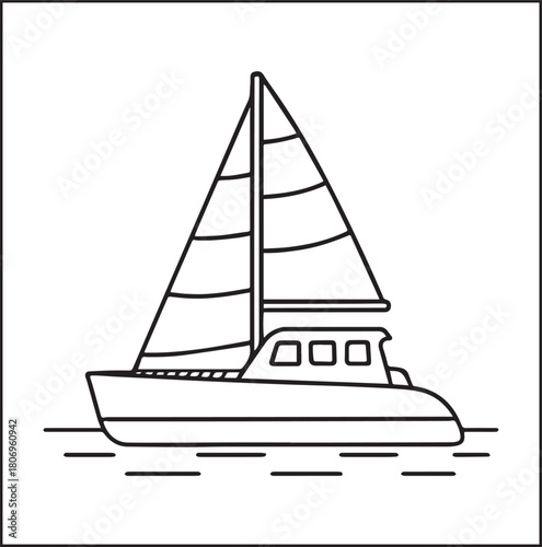 Simple and beautiful sailboat on sea water black vector line art illustration for children coloring page or book design 