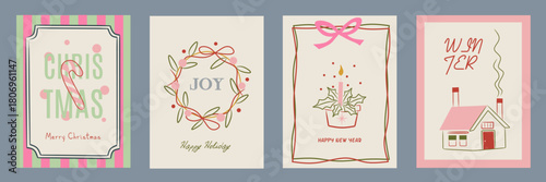 Hand drawn la dolce vita Christmas doodles. Vector illustration cards icon with bows, candy cane, house. Minimalist winter line art for invitations, stationery, printables, social media, wall art.