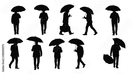 Men with umbrellas silhouettes isolated on white background, Vector