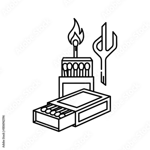 Open matchbox with burning match and striker, isolated on