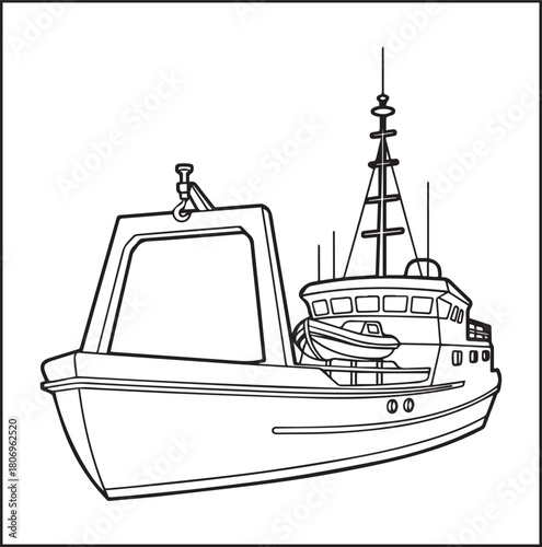 Simple and beautiful ship on sea water black vector line art illustration for children coloring page or book design 