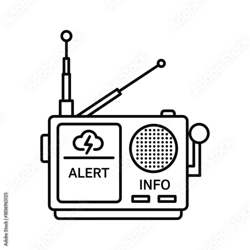 A line drawing of a portable radio with antennas, displaying an alert message, isolated on white