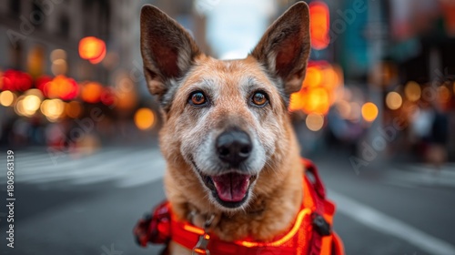 Fototapeta Naklejka Na Ścianę i Meble -  A German Shepherd dog stands alert amidst the busy city streets, glowing with a warm light as it enjoys the lively atmosphere around sunset. Its joyful expression captures the spirit of urban life