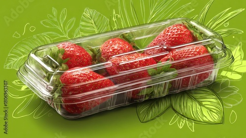 A plastic container with four strawberries inside. The container is on a green background