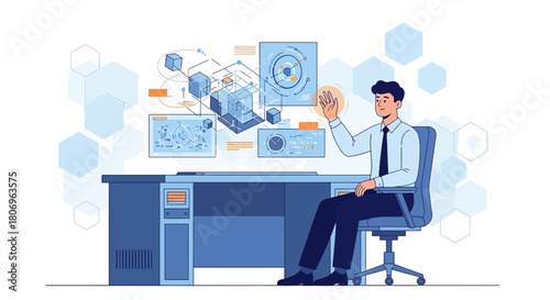 Modern digital workplace showcasing virtual reality and futuristic interface integration concept