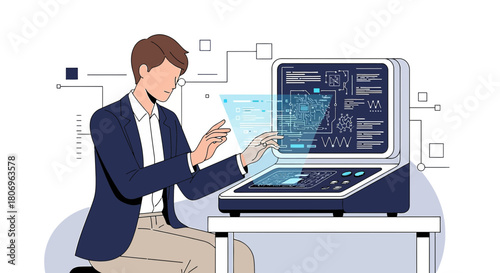 Modern engineer interacting with a futuristic machine interface design and advanced technology for