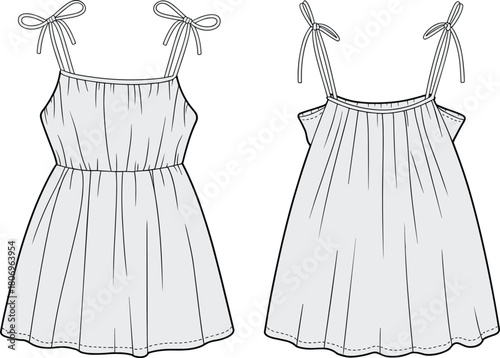 Cute women’s summer dress fashion flat with tie shoulder straps, gathered bodice, flared hem, vector apparel template technical illustration