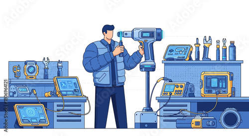 Modern service center technician performing diagnostics on equipment with specialized tools in a