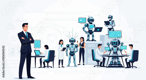 Modern workspace harmony humans robots integrating for innovation and efficiency seamlessly