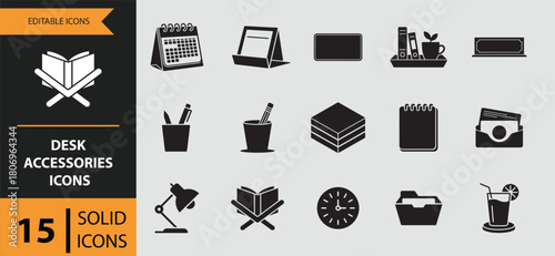 15 Desk Accessories Icons solid icon set
