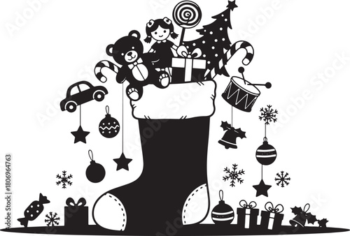 Festive Christmas Stocking Filled with Toys and Gifts Vector Illustration