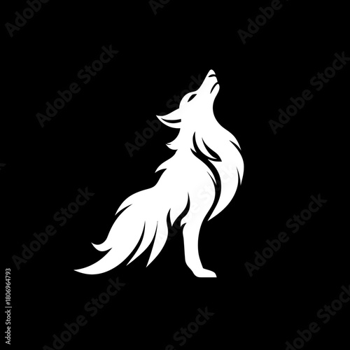 White wolf howling silhouette on black background