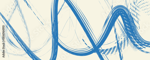 Grunge grainy blue brush stroke with spray texture. Hand drawn distress damaged vintage banner with zigzag bold line. Rough thick brush stroke texture. Spray paint effect vector background.