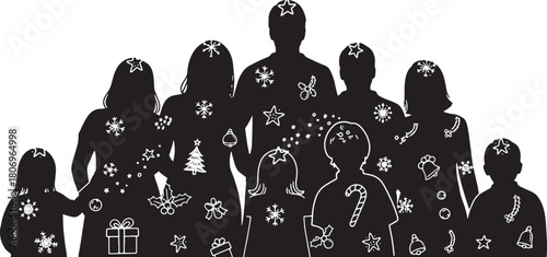 Festive Holiday Season Family Silhouettes with Christmas Decoration Elements