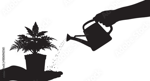 Hand watering a potted plant growing in someones palm silhouette