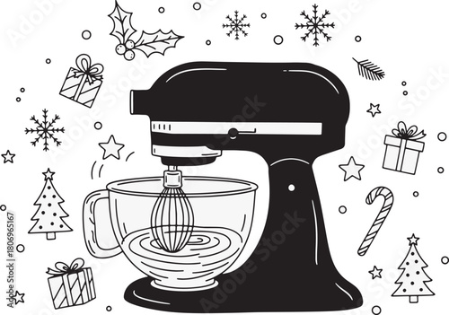 Festive winter baking preparation with stand mixer and Christmas elements