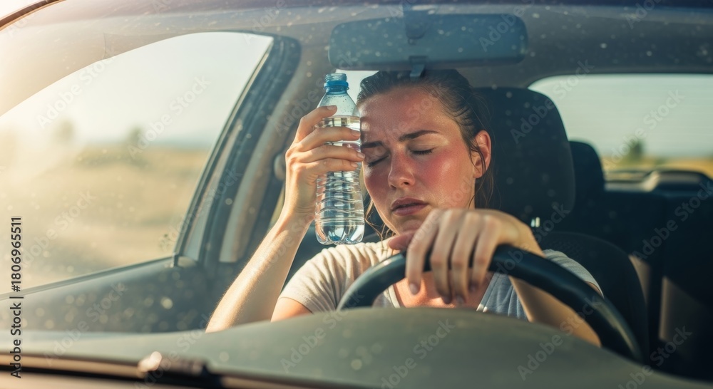 Obraz premium Young caucasian female cooling down in car with water bottle on hot day