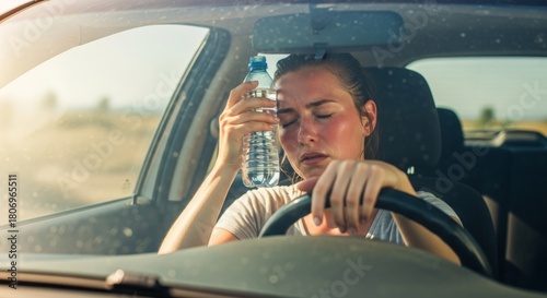 Young caucasian female cooling down in car with water bottle on hot day