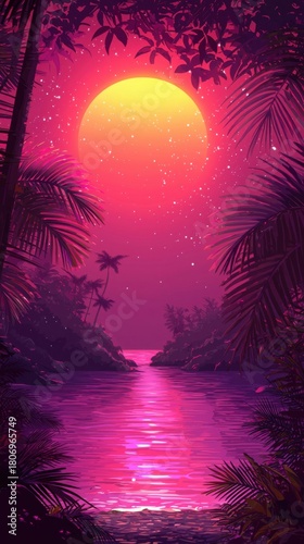 Tropical landscape reflecting big vivid pink moon at sunset