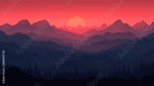 Bright sun setting behind mountains and forest landscape
