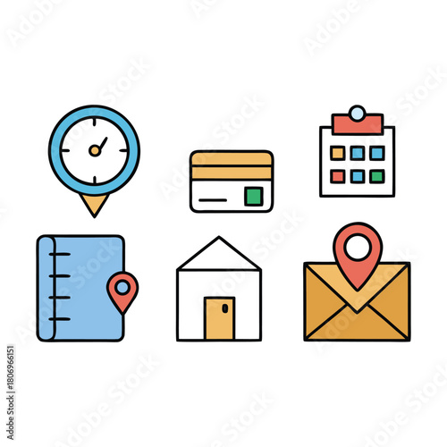 A sleek icon showing a location pin, calendar, and clock, symbolizing address, date, and time for easy scheduling, events, or contact information at a glance.
