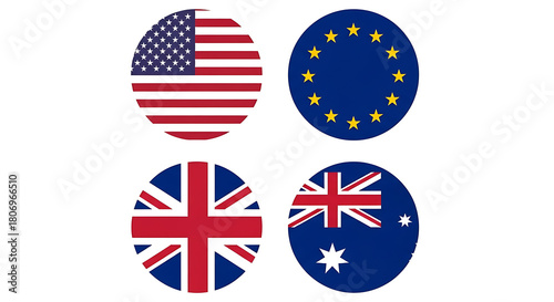 Four oval flags including usa eu uk and australia isolated on white background