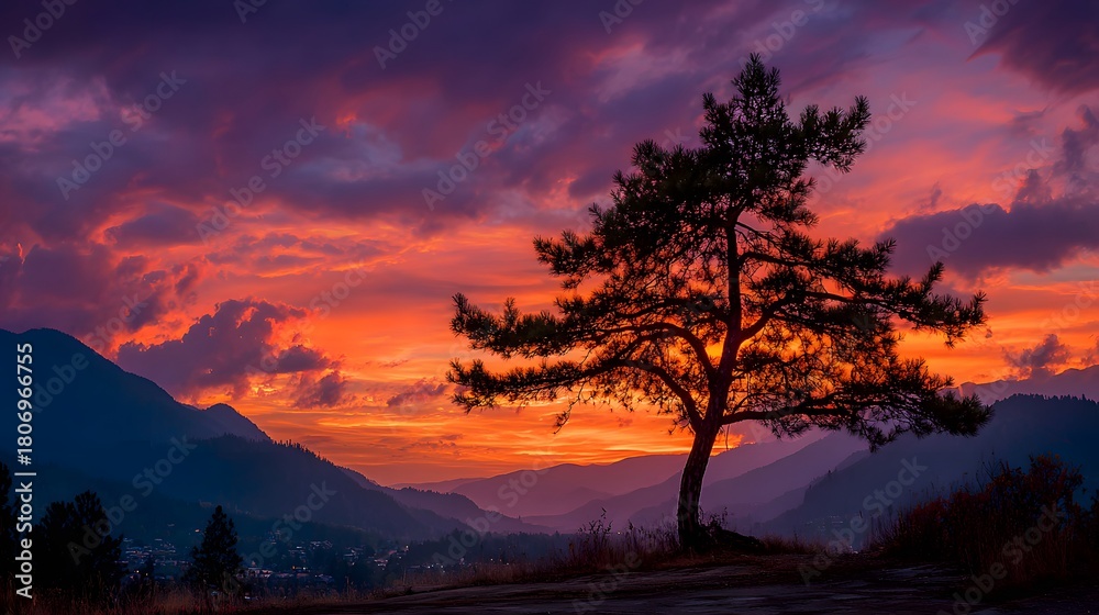 Obraz premium Majestic pine tree silhouetted against a fiery, dramatic sunset. The vibrant orange and purple sky illuminates distant mountains in the background.