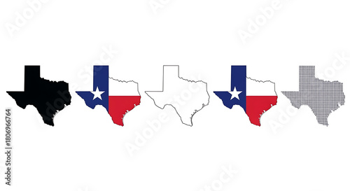 Collection of texas state map silhouettes and flag designs isolated on white background