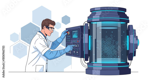 Scientist operating futuristic machine for medical research and biotechnology analysis in