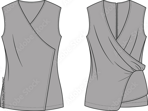 Elegant sleeveless women’s wrap top fashion flat sketch with asymmetric draped front, layered back design, modern blouse template illustration
