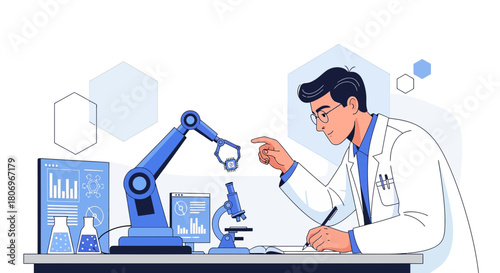 Scientist utilizing robotic arm in research lab for data analysis and development exploration