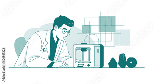 Scientist with 3D printer observing printing process and prototypes in a minimalist laboratory