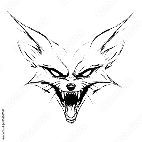 Feral fox snarls ferociously with open mouth and sharp teeth