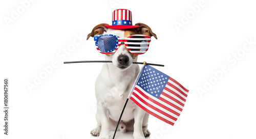 Cute jack russell terrier dog wearing patriotic hat and sunglasses holding american flag isolated on white background