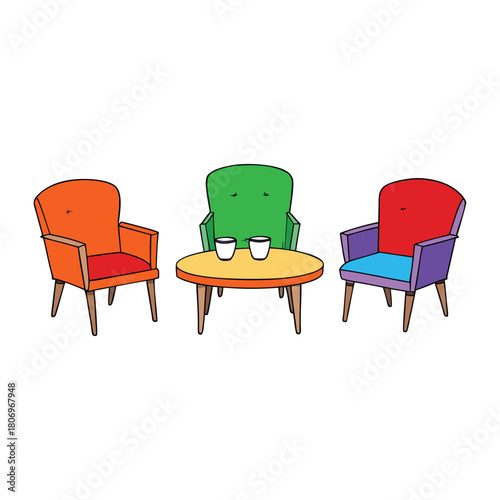 Bright, colorful chairs surround a cozy coffee setup, inviting warmth and conversation, blending vibrant vibes with the comforting aroma of fresh coffee.
