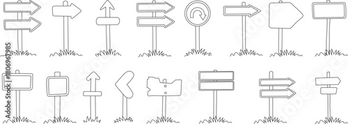 Road signs are drawn by hand.  Draw a street direction marker and a wooden signpost.  vector set