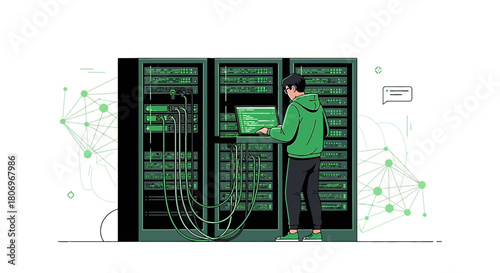 System Administrator Working on Servers with Network Connections and Data Infrastructure