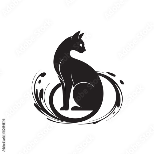 A sleek black cat sits gracefully within a swirling vortex, isolated on white background