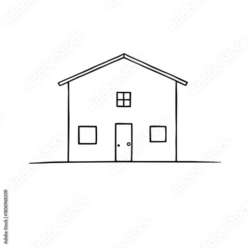 Ultra-minimal illustration of a house, front-facing and perfectly centered, with no shading, bold black strokes, and a highly simplified architectural structure, featuring clean lines, basic geometric