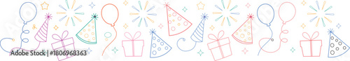 Party's smooth border.  Happy birthday, New Year's, and Merry Christmas pattern featuring a gift box, confetti, balloons, fireworks, and doodle lines.  Holiday banner in vector colors