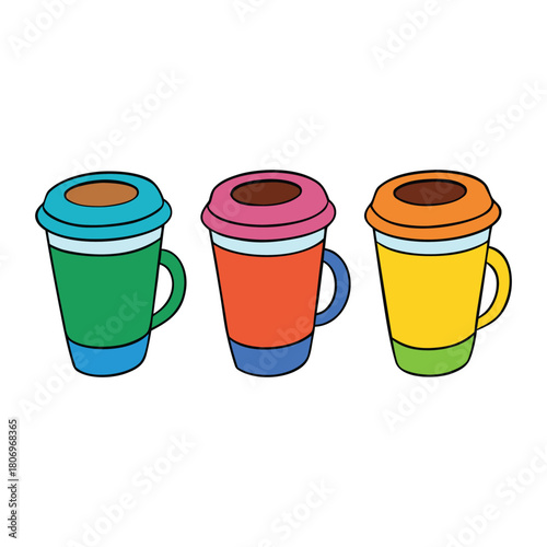 Bright and cheerful coffee cups in vivid colors, stacked or arranged together, radiating warmth, joy, and the cozy charm of a perfect coffee moment.
