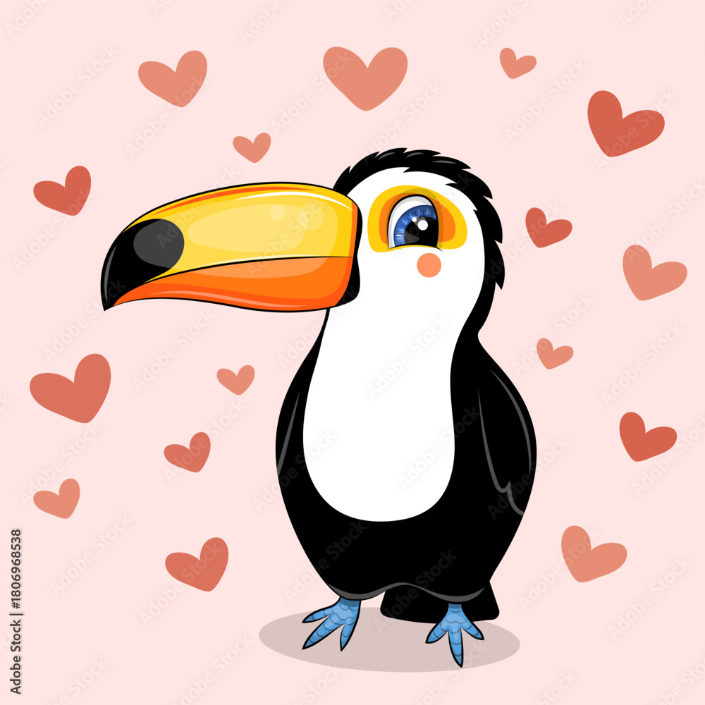 Fototapeta premium Cute cartoon Toucan with hearts. Vector illustration of animal on pink background with red hearts.