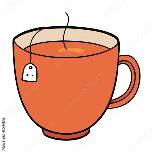 A warm cup of tea with a teabag steeping gently, releasing soothing aromas and comforting flavors, perfect for a calm, cozy moment of relaxation.
