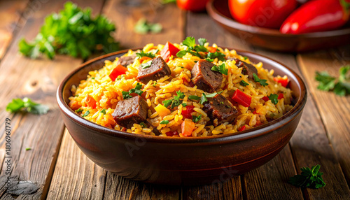 Arroz Carreteiro, Traditional Brazilian Rice with Meat on Wooden Background