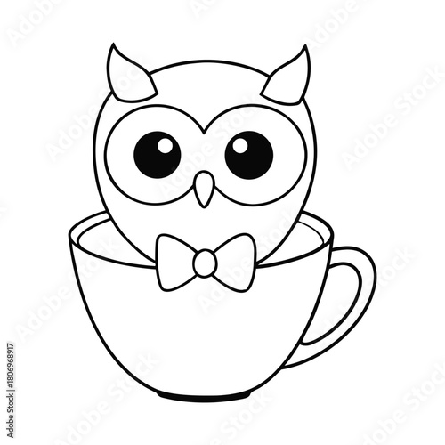 A cute cartoon owl wearing a bow sits snugly in a steaming tea cup, ready to color. Charming, whimsical, and perfect for a playful coloring page adventure.
