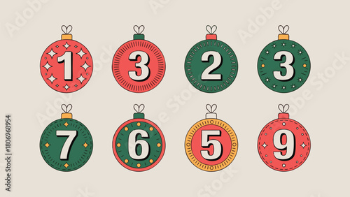 Retro Christmas Number Ornaments Set - Vintage Holiday Countdown Baubles