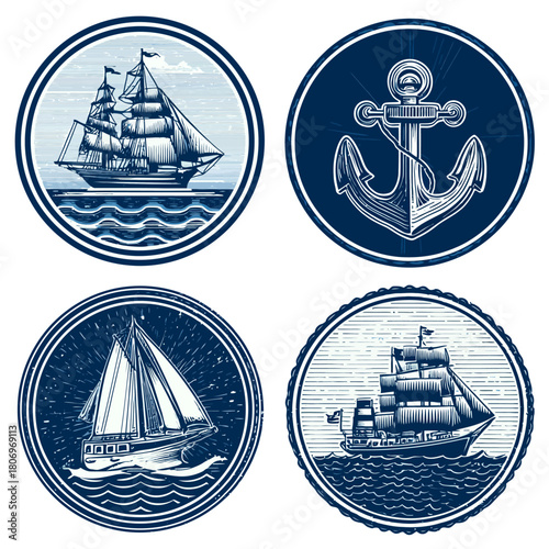 Nautical emblems sailing ships and anchor on water