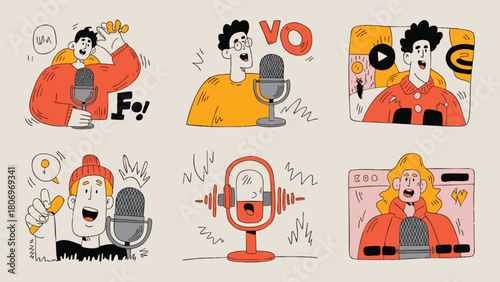 Doodle Voice Over and Broadcasting Icon Set - Hand-drawn Audio Recording Vector